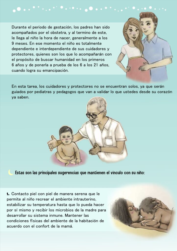 Durante el periodo de gestación, los padres han sido acompañados por el obstetra, y al termino de este, le llega al niño la hora de nacer, generalmente a los 9 meses. En ese momento el niño es totalmente dependiente de sus cuidadores y protectores, quienes son los que lo acompañarán en el propósito de buscar humanidad en los primeros 6 años y de ponerla a prueba de los 6 a los 21 años, cuando logra su emancipación. En esta tarea, los cuidadores y protectores no se encuentran solos, ya que serán guiados por pediatras y pedagogos que van a validar lo que ustedes desde su corazón ya saben. Estas son las principales sugerencias que mantienen el vínculo con su niño:  1. Contacto piel con piel de manera serena que le permite al niño recrear el ambiente intrauterino, estabilizar su temperatura hasta que lo pueda hacer por sí mismo y recibir los microbios de la madre para desarrollar su sistema inmune. Mantener las condiciones físicas del ambiente de la habitación de acuerdo con el confort de la mamá.